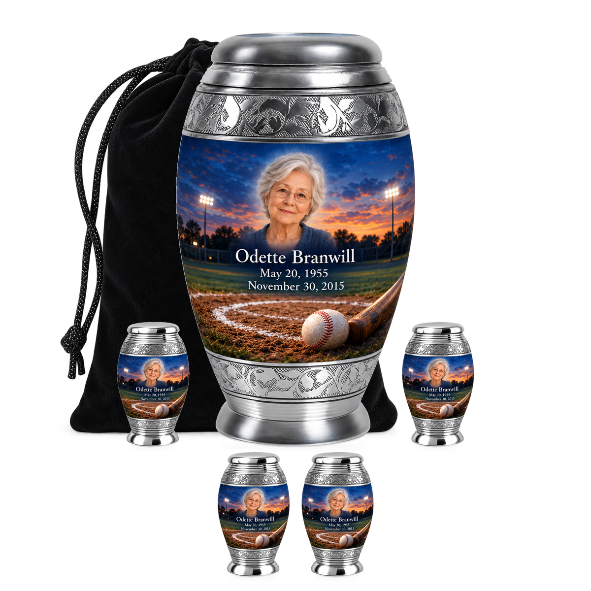Monar baseball scene photo memorial urn, 10 inch large Urn with 4 Keepsake 3 Inch Urns; fictional personalization example.