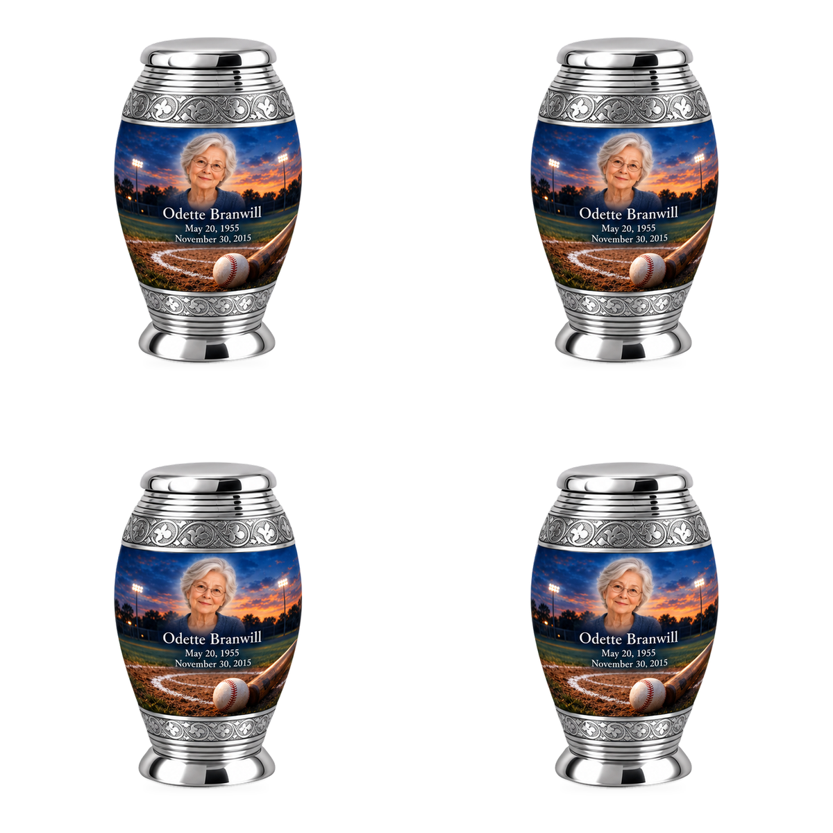 Monar baseball scene photo memorial urn, 4 Keepsake 3 inch Urns; fictional personalization example.