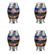 Monar baseball scene photo memorial urn, 4 Keepsake 3 inch Urns; fictional personalization example.