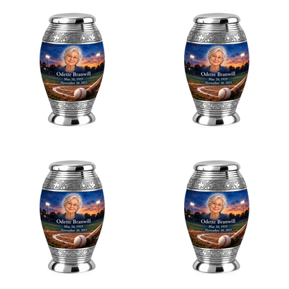 Monar baseball scene photo memorial urn, 4 Keepsake 3 inch Urns; fictional personalization example.