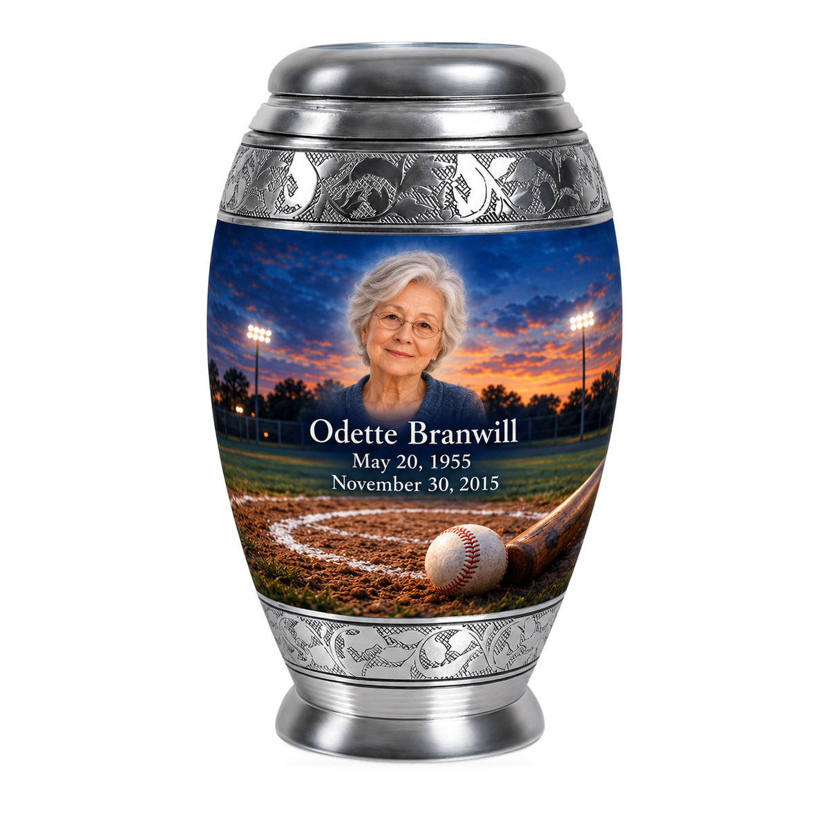 Monar baseball scene photo memorial urn, 10 inch large Urn; fictional personalization example.