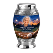 Monar baseball scene photo memorial urn, 1 Keepsake 3 inch Urn; fictional personalization example.