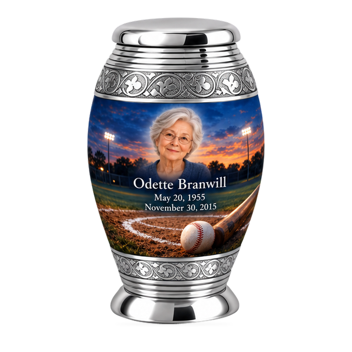 Monar baseball scene photo memorial urn, 1 Keepsake 3 inch Urn; fictional personalization example.