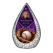 Straight Drop baseball scene photo memorial urn, 10 inch large Urn; fictional personalization example.
