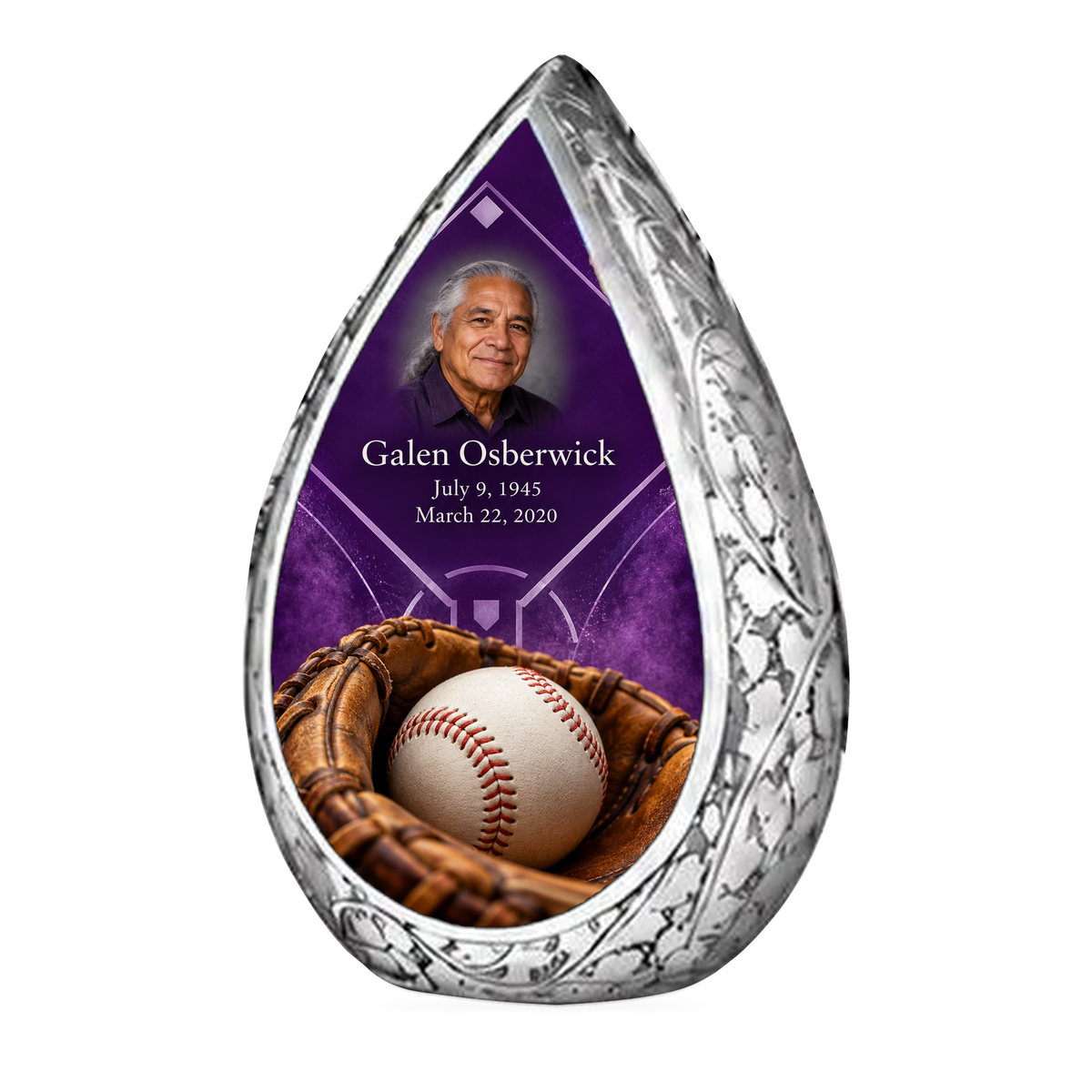 Straight Drop baseball scene photo memorial urn, 1 Keepsake 3 inch Urn; fictional personalization example.