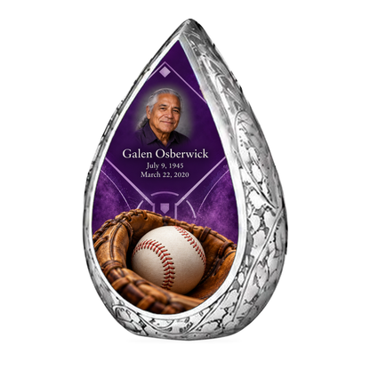 Straight Drop baseball scene photo memorial urn, 1 Keepsake 3 inch Urn; fictional personalization example.