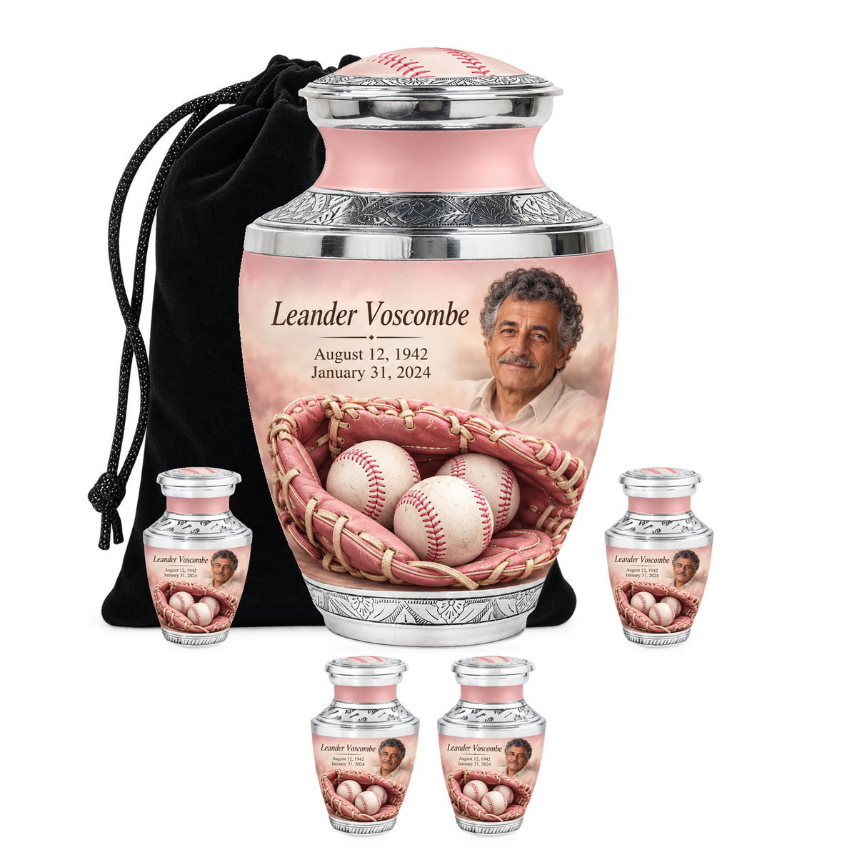 Tasty baseball scene photo memorial urn, 10 inch large Urn with 4 Keepsake 3 Inch Urns; fictional personalization example.
