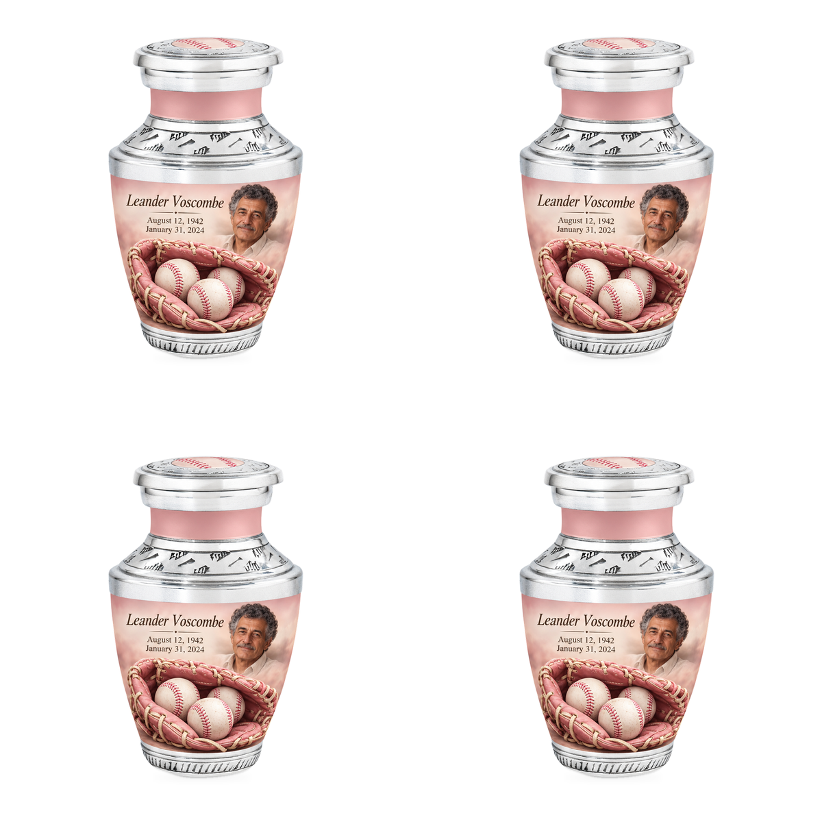 Tasty baseball scene photo memorial urn, 4 Keepsake 3 inch Urns; fictional personalization example.