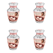 Tasty baseball scene photo memorial urn, 4 Keepsake 3 inch Urns; fictional personalization example.