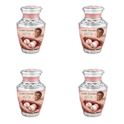 Tasty baseball scene photo memorial urn, 4 Keepsake 3 inch Urns; fictional personalization example.