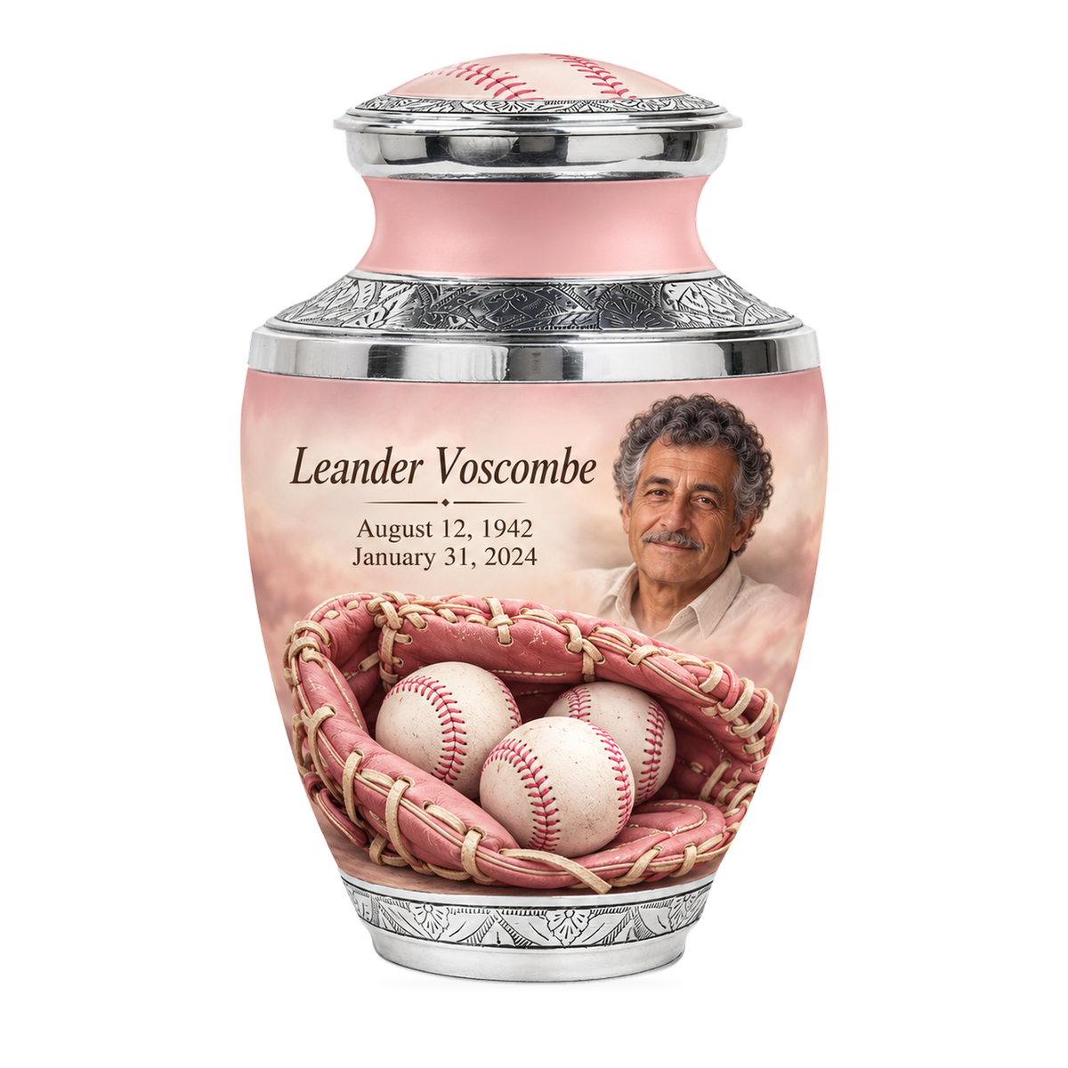Tasty baseball scene photo memorial urn, 10 inch large Urn; fictional personalization example.