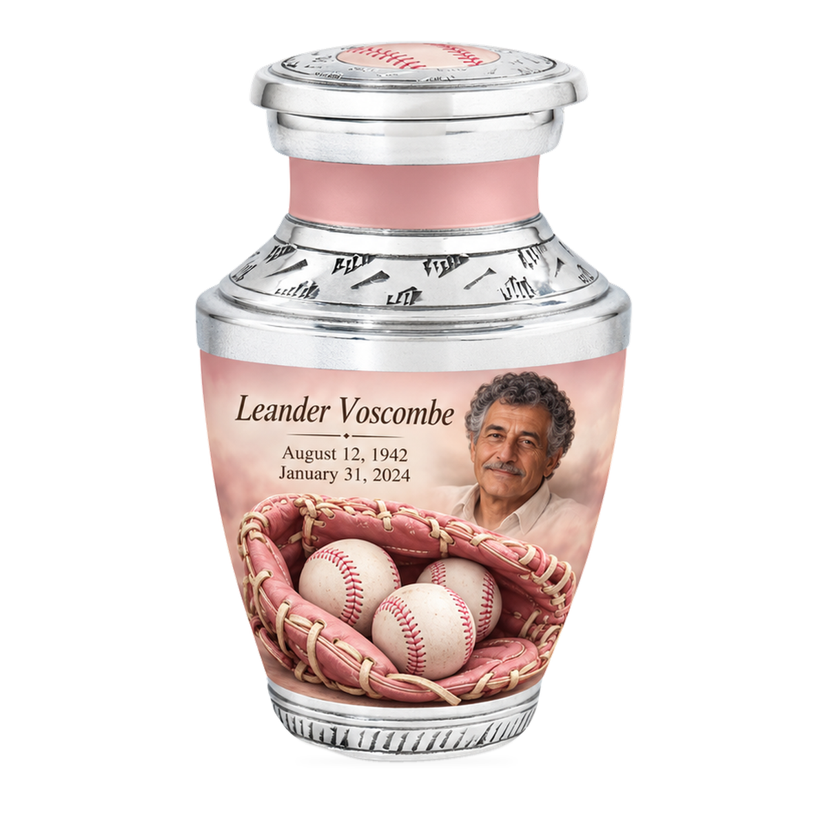 Tasty baseball scene photo memorial urn, 1 Keepsake 3 inch Urn; fictional personalization example.