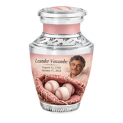 Tasty baseball scene photo memorial urn, 1 Keepsake 3 inch Urn; fictional personalization example.