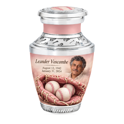 Tasty baseball scene photo memorial urn, 1 Keepsake 3 inch Urn; fictional personalization example.