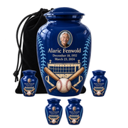 Classic baseball scene photo memorial urn, 10 inch large Urn with 4 Keepsake 3 Inch Urns; fictional personalization example.