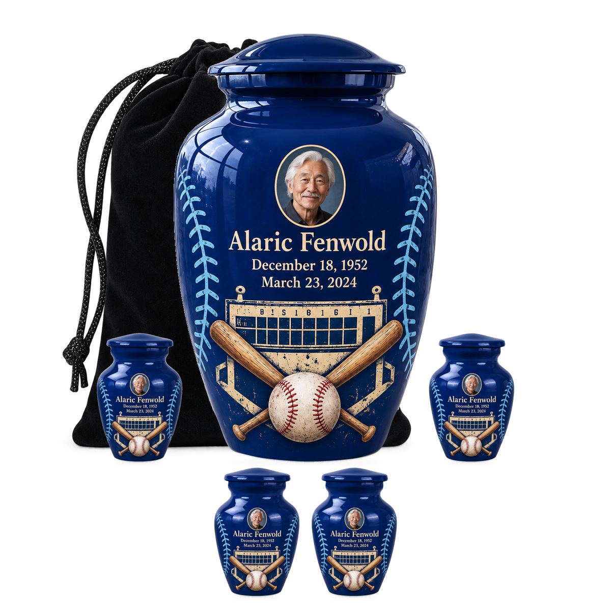 Classic baseball scene photo memorial urn, 10 inch large Urn with 4 Keepsake 3 Inch Urns; fictional personalization example.