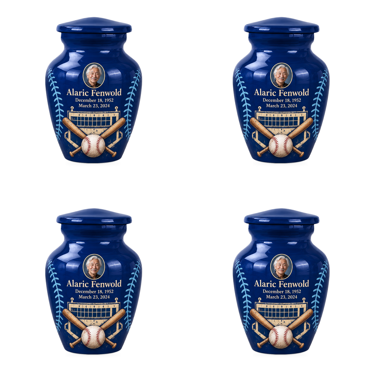 Classic baseball scene photo memorial urn, 4 Keepsake 3 inch Urns; fictional personalization example.