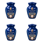 Classic baseball scene photo memorial urn, 4 Keepsake 3 inch Urns; fictional personalization example.