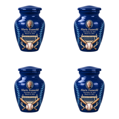 Classic baseball scene photo memorial urn, 4 Keepsake 3 inch Urns; fictional personalization example.