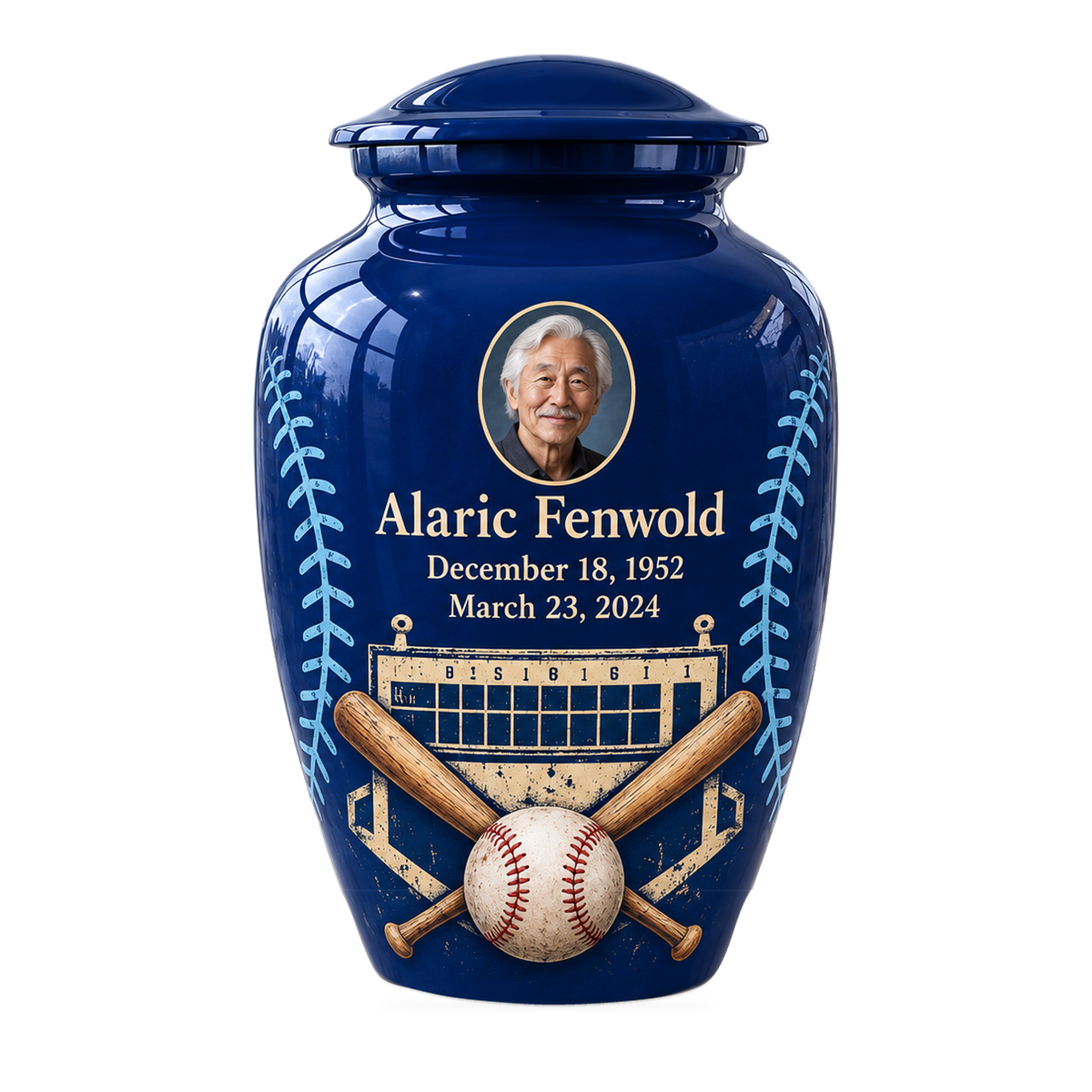 Classic baseball scene photo memorial urn, 10 inch large Urn; fictional personalization example.