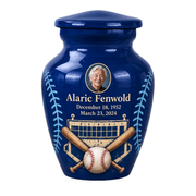Classic baseball scene photo memorial urn, 1 Keepsake 3 inch Urn; fictional personalization example.