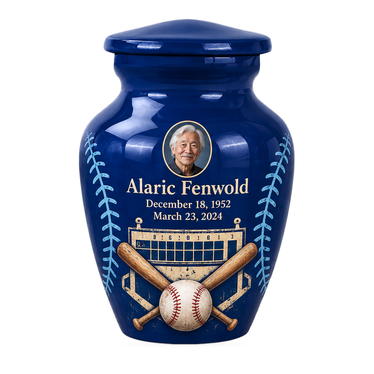 Classic baseball scene photo memorial urn, 1 Keepsake 3 inch Urn; fictional personalization example.