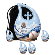 Cross Drop baseball scene photo memorial urn, 10 inch large Urn with 4 Keepsake 3 Inch Urns; fictional personalization example.