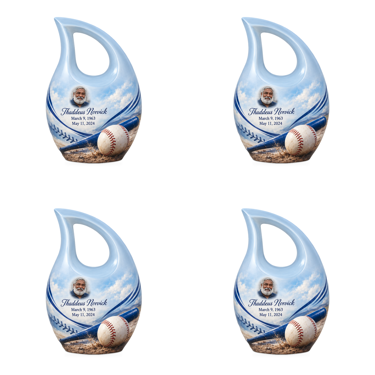 Cross Drop baseball scene photo memorial urn, 4 Keepsake 3 inch Urns; fictional personalization example.