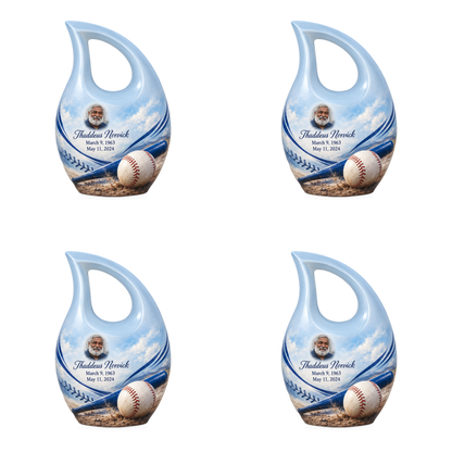Cross Drop baseball scene photo memorial urn, 4 Keepsake 3 inch Urns; fictional personalization example.