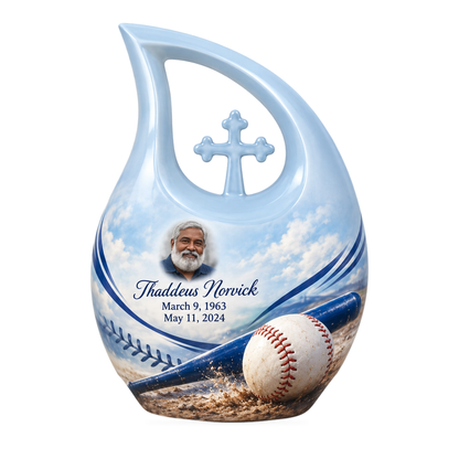 Cross Drop baseball scene photo memorial urn, 10 inch large Urn; fictional personalization example.