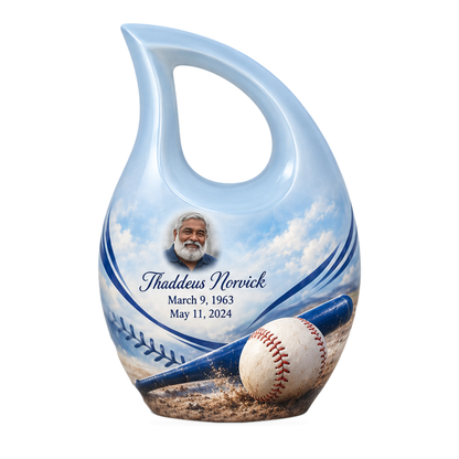 Cross Drop baseball scene photo memorial urn, 1 Keepsake 3 inch Urn; fictional personalization example.