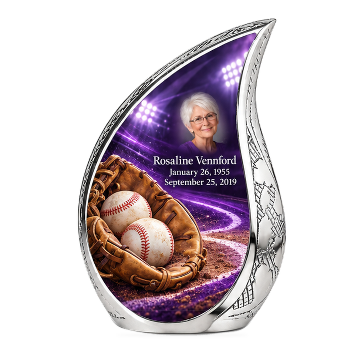Curved Drop baseball scene photo memorial urn, 1 Keepsake 3 inch Urn; fictional personalization example.