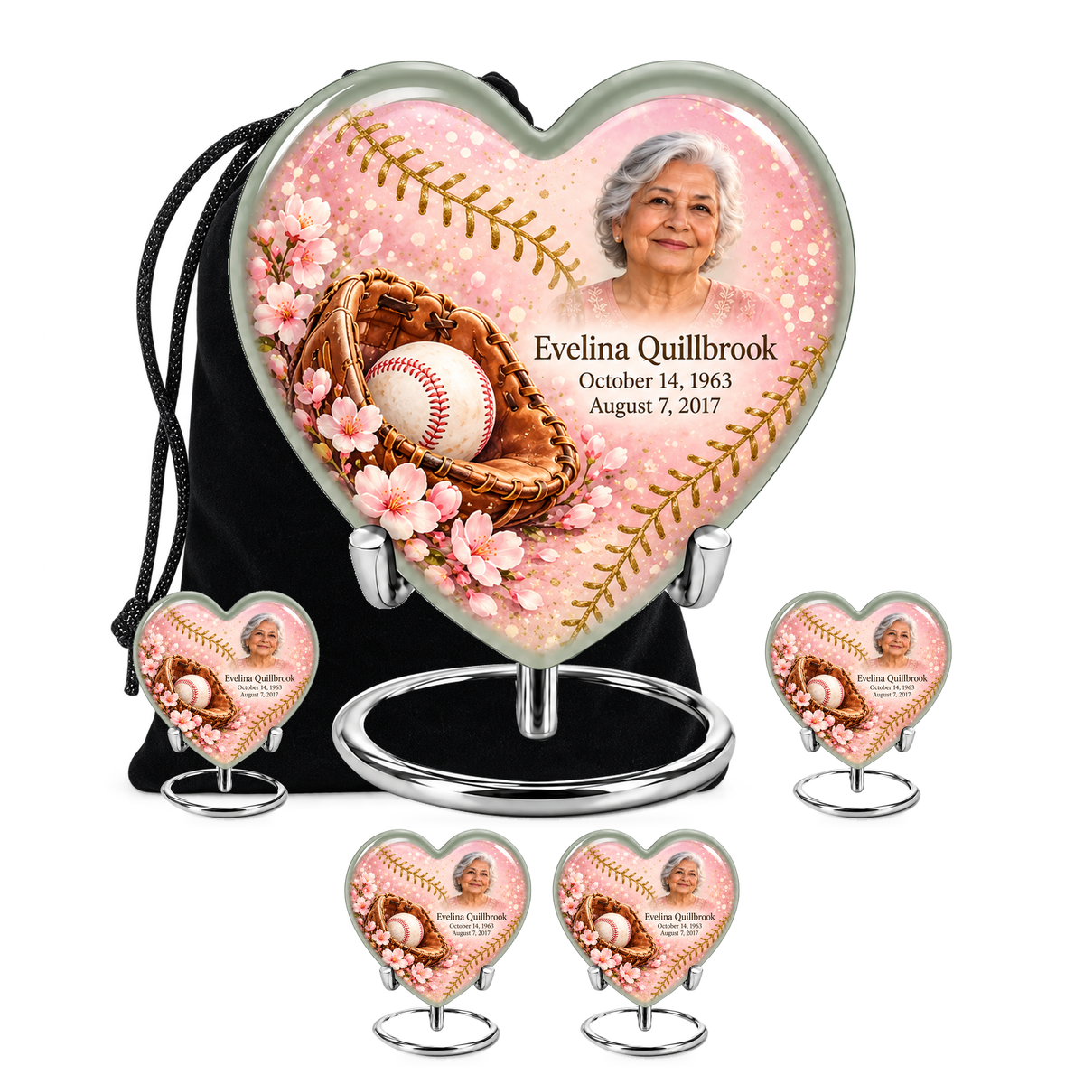 Heart baseball scene photo memorial urn, 10 inch large Urn with 4 Keepsake 3 Inch Urns; fictional personalization example.