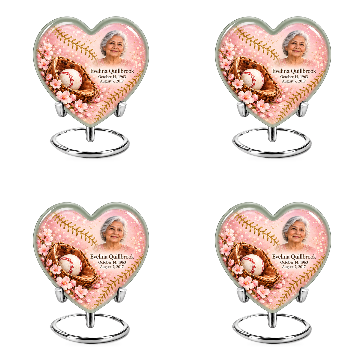 Heart baseball scene photo memorial urn, 4 Keepsake 3 inch Urns; fictional personalization example.