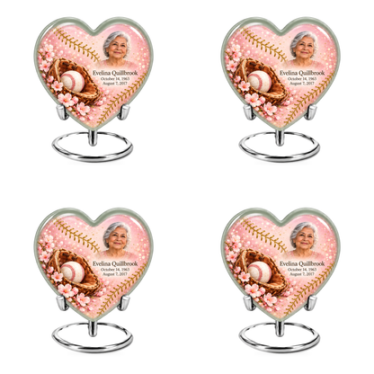 Heart baseball scene photo memorial urn, 4 Keepsake 3 inch Urns; fictional personalization example.