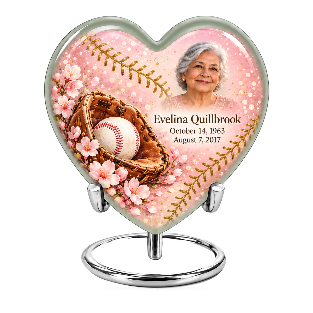 Heart baseball scene photo memorial urn, 10 inch large Urn; fictional personalization example.
