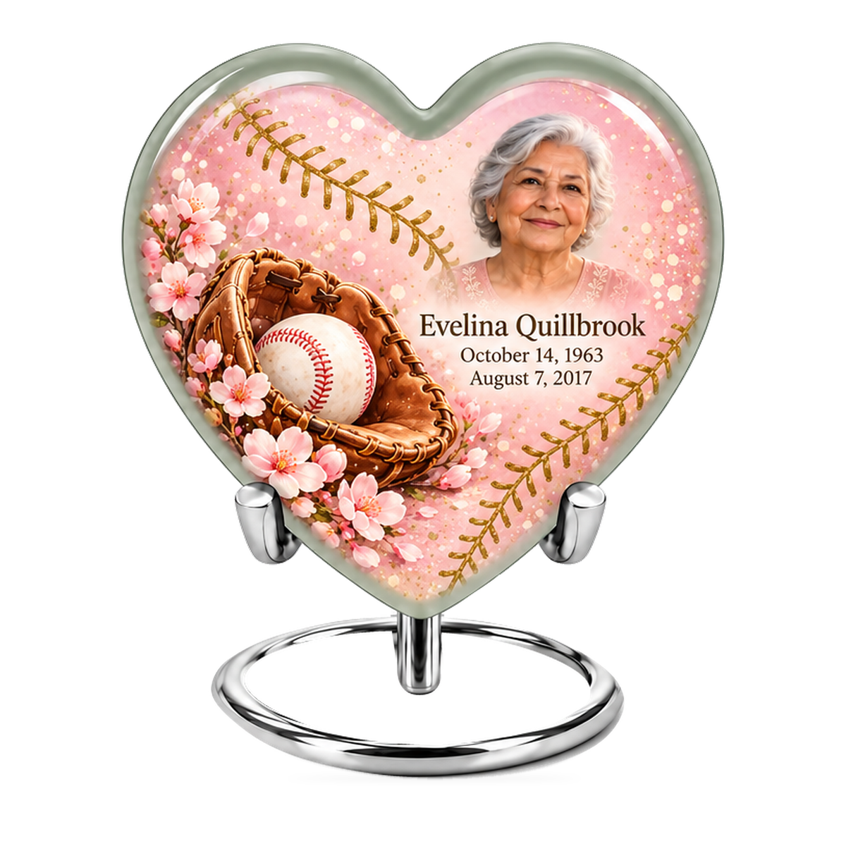 Heart baseball scene photo memorial urn, 1 Keepsake 3 inch Urn; fictional personalization example.