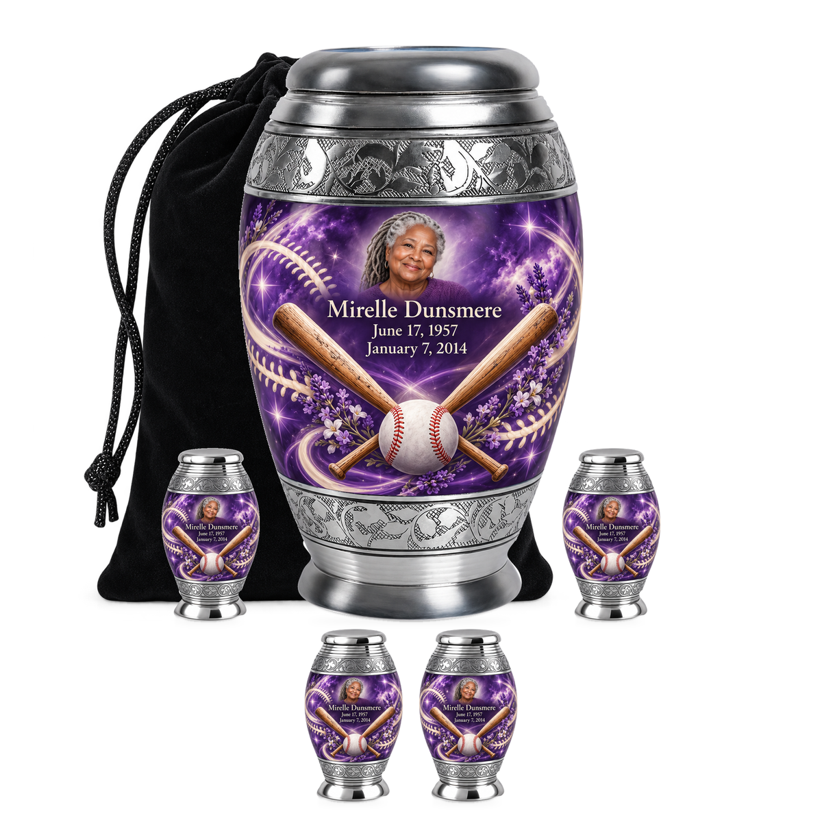 Monar baseball scene photo memorial urn, 10 inch large Urn with 4 Keepsake 3 Inch Urns; fictional personalization example.
