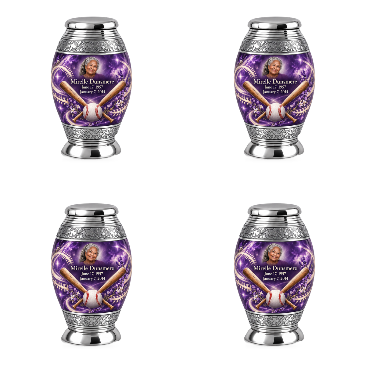 Monar baseball scene photo memorial urn, 4 Keepsake 3 inch Urns; fictional personalization example.