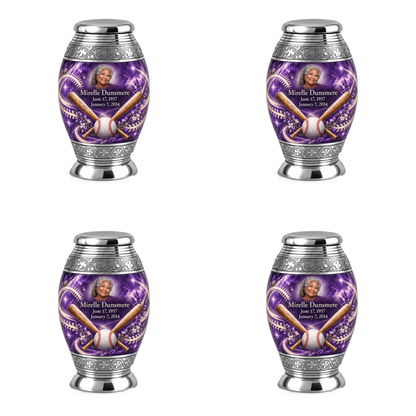 Monar baseball scene photo memorial urn, 4 Keepsake 3 inch Urns; fictional personalization example.