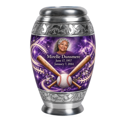 Monar baseball scene photo memorial urn, 10 inch large Urn; fictional personalization example.