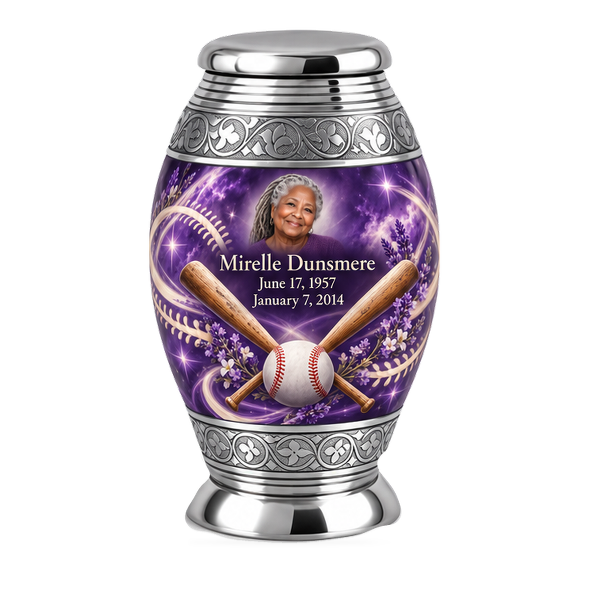 Monar baseball scene photo memorial urn, 1 Keepsake 3 inch Urn; fictional personalization example.