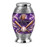 Monar baseball scene photo memorial urn, 1 Keepsake 3 inch Urn; fictional personalization example.