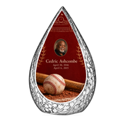 Straight Drop baseball scene photo memorial urn, 10 inch large Urn; fictional personalization example.