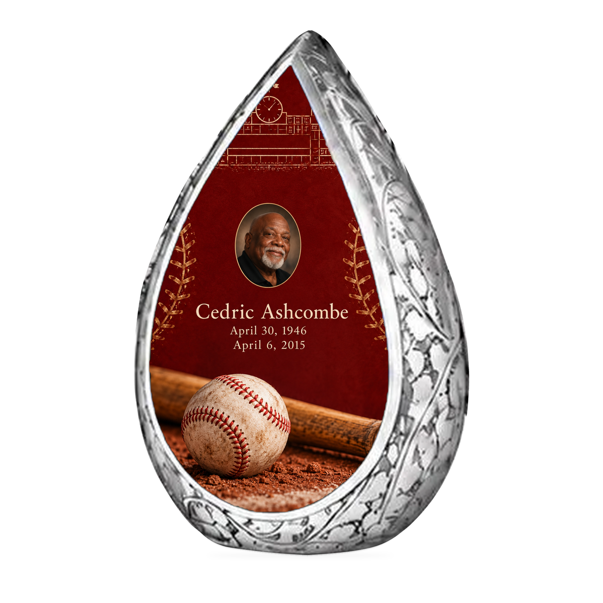 Straight Drop baseball scene photo memorial urn, 1 Keepsake 3 inch Urn; fictional personalization example.