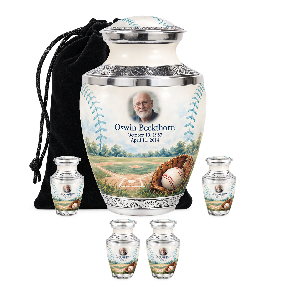 Tasty baseball scene photo memorial urn, 10 inch large Urn with 4 Keepsake 3 Inch Urns; fictional personalization example.