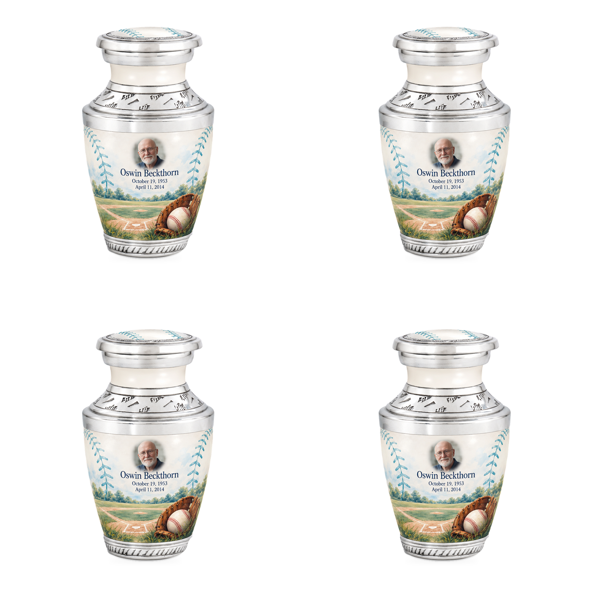 Tasty baseball scene photo memorial urn, 4 Keepsake 3 inch Urns; fictional personalization example.