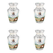 Tasty baseball scene photo memorial urn, 4 Keepsake 3 inch Urns; fictional personalization example.