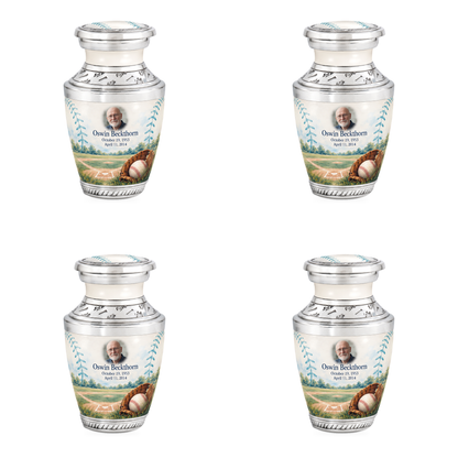 Tasty baseball scene photo memorial urn, 4 Keepsake 3 inch Urns; fictional personalization example.