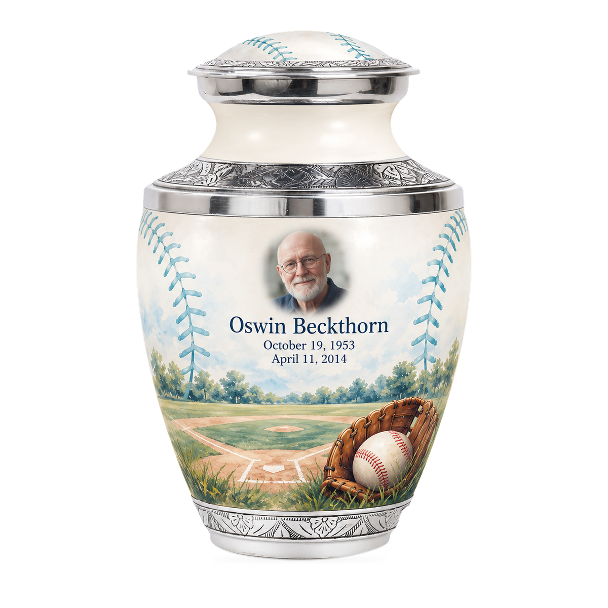 Tasty baseball scene photo memorial urn, 10 inch large Urn; fictional personalization example.
